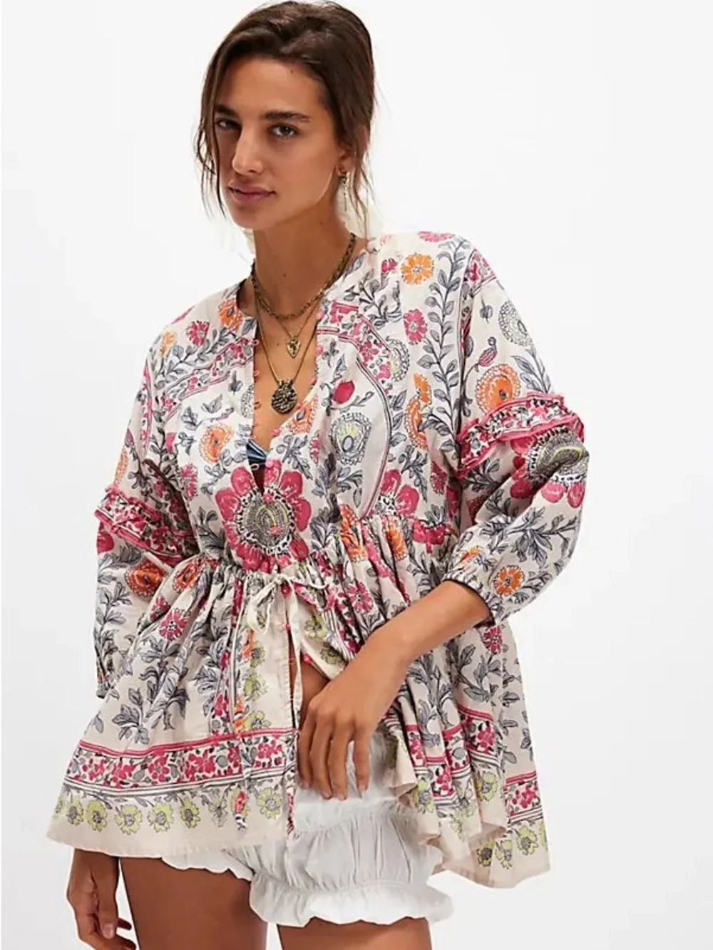Free People Avery Tunic Puff Sleeves Cinched Waist Floral Peasant Statement Top